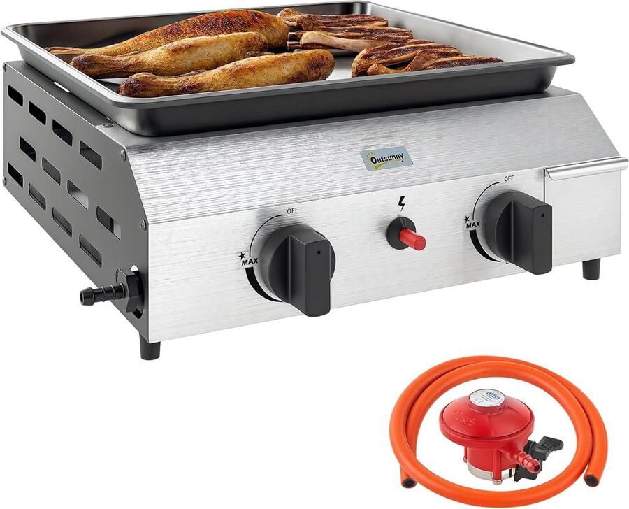 Draagbare Gas Plancha Grill met 2 RVS Branders (4.8 kW) voor Tafel en Camping