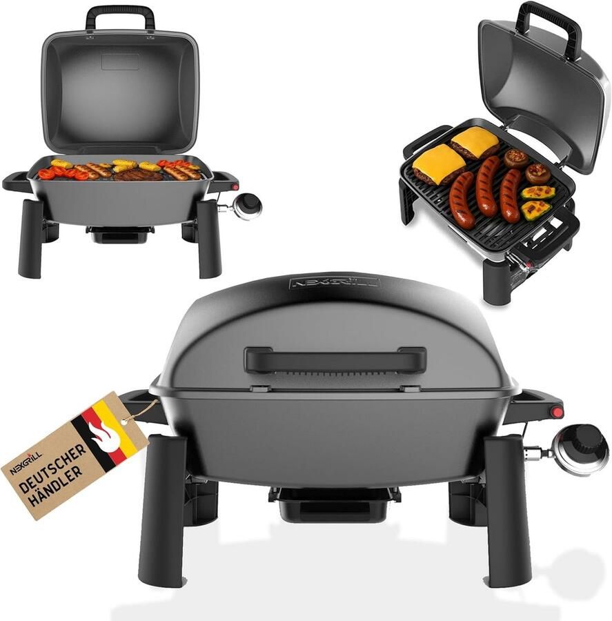 Nexgrill Gasbarbecue klein en draagbaar tot 300 graden tafelbarbecue op gas voor balkon en camping kleine grill met deksel gietijzeren rooster 3 1 kW roestvrijstalen brander piëzo-ontsteking