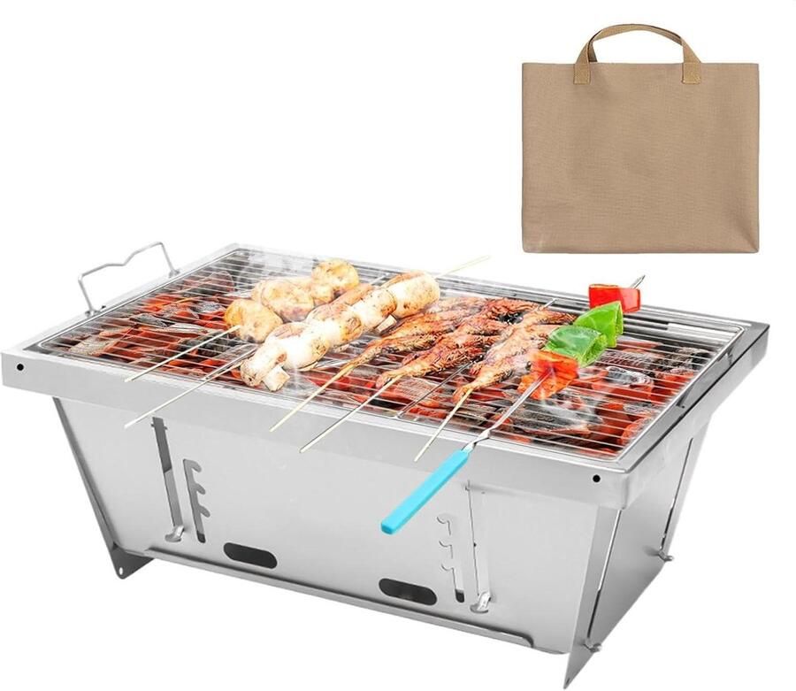 Draagbare Grill Klapgrill Houtskool Outdoor Koken Winddicht Ontwerp 16 x 27 x 16 cm Zilver