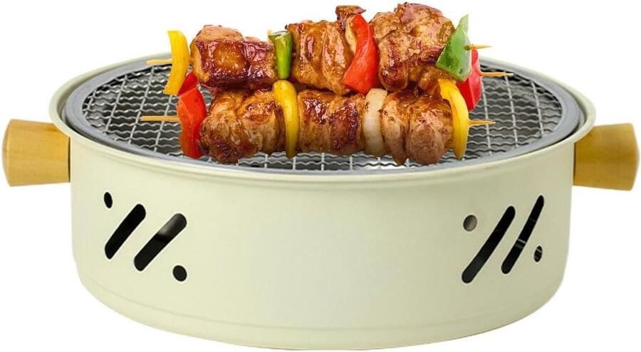 Draagbare Grill Pan Tafelbarbecue Buiten Koken Houtgreep 27.7 cm Diameter Zwart