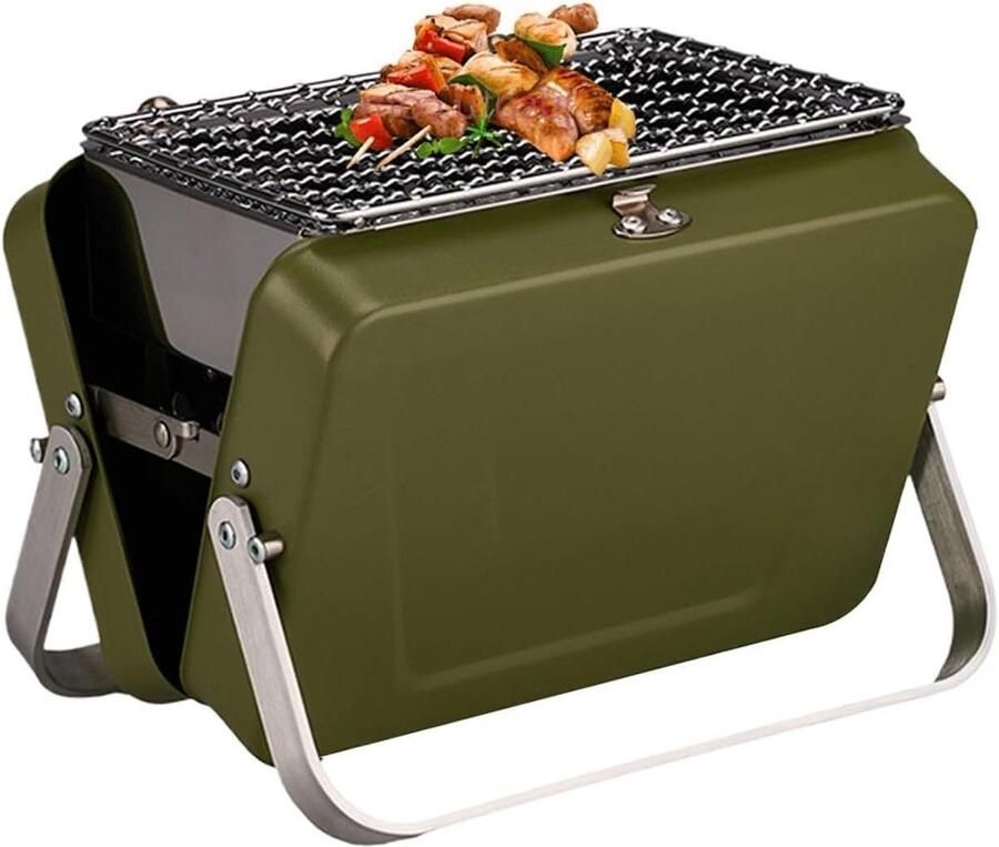 Draagbare Houtskoolgrill Compacte BBQ Tafelgrill Buiten Koken Gelijkmatige Warmteverdeling 19.5 x 15 x 15 cm Groen