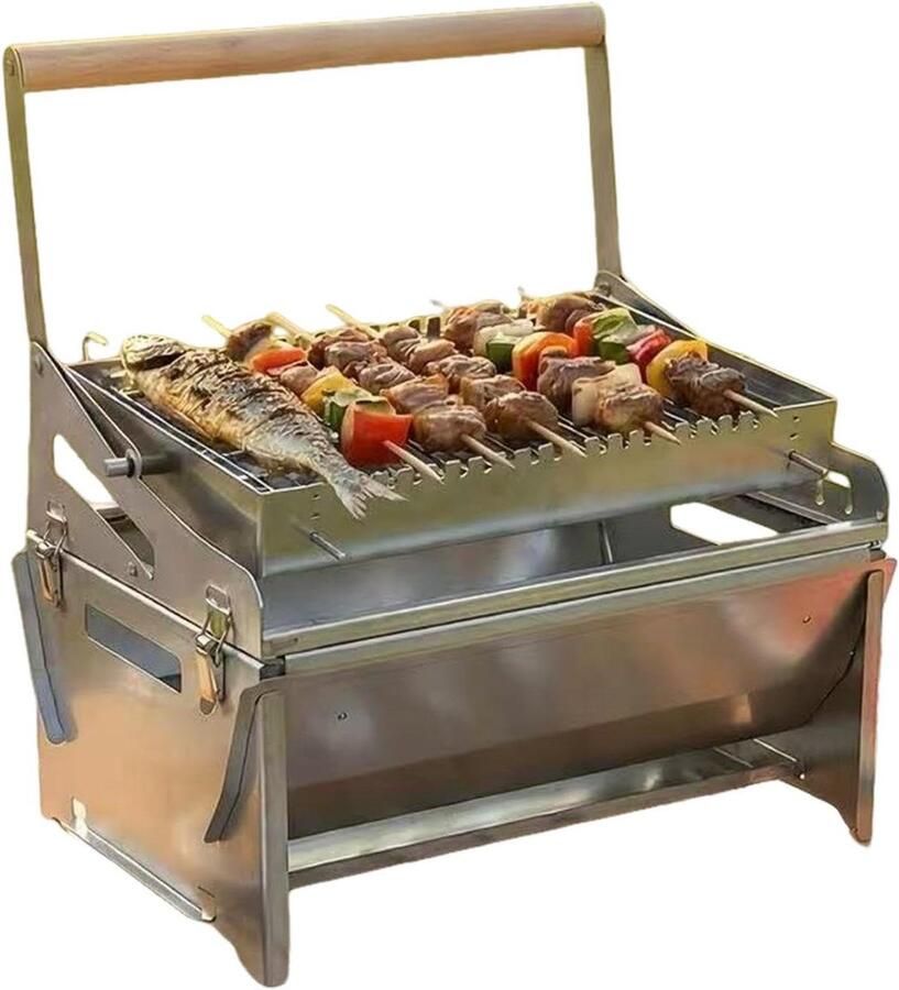 Draagbare Houtskoolgrill Kampeerbraadgrill Buiten Grillen 360 Graden Rotatie 16 x 30 x 16 cm Zilverkleurig
