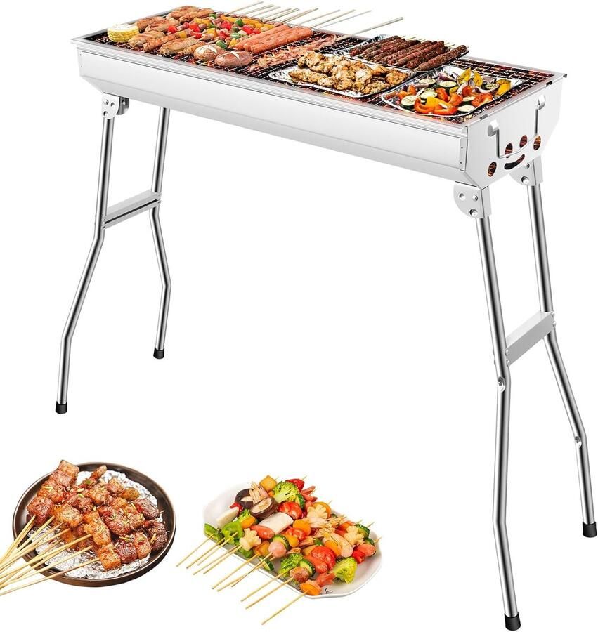 Draagbare Houtskoolgrill Klapgrill Picknickgrill Outdoor Koken Montage Zonder Gereedschap Voor 5-10 Personen Zilver