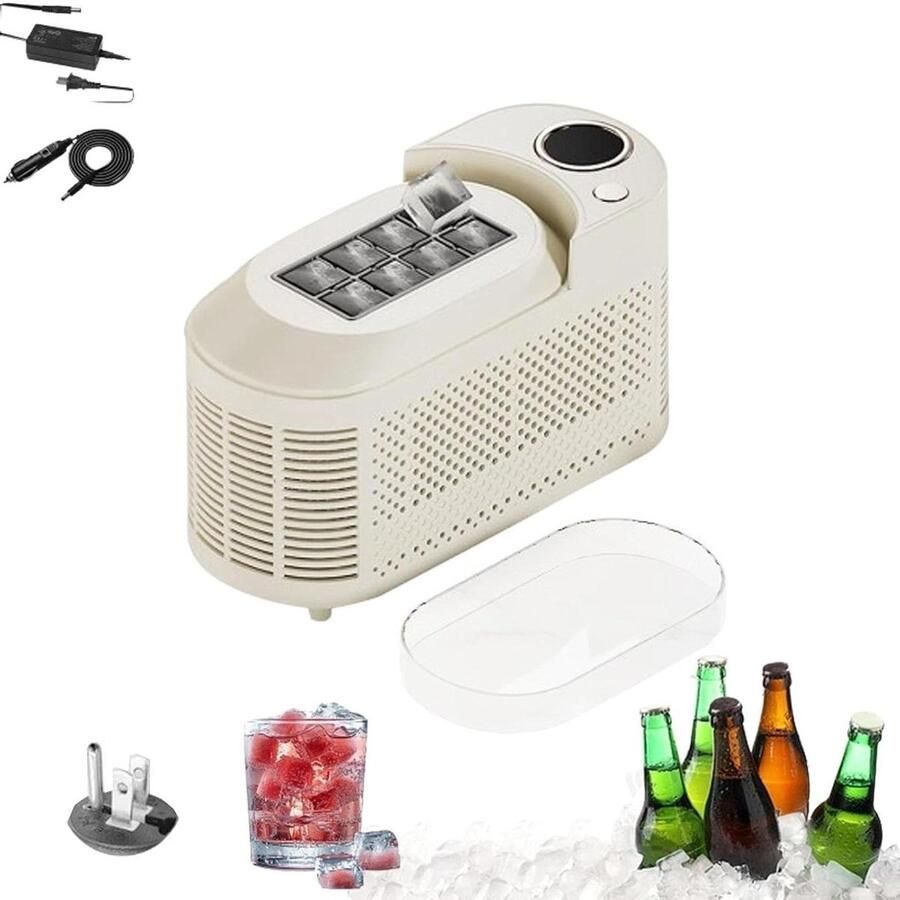 Draagbare ijsmachine Mini ijsmaker Drankjes Koelen 8 blokjes in 10 min 12V auto compatibel Crème Wit
