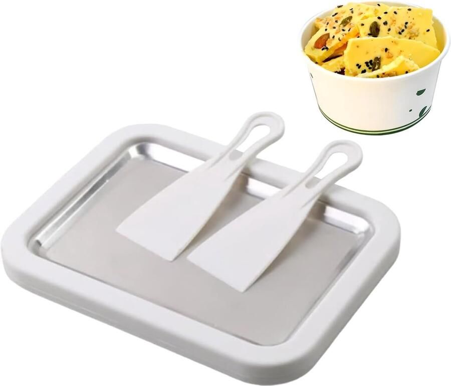 Draagbare ijsplaat Dessertmaker thuis Zelf ijs maken Roestvrij staal Incl 2 schrapers Wit