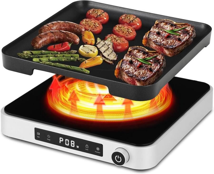 Draagbare Inductiekookplaat met Grillplaat 1 Pit 2000W Geschikt voor Kamperen en Keuken