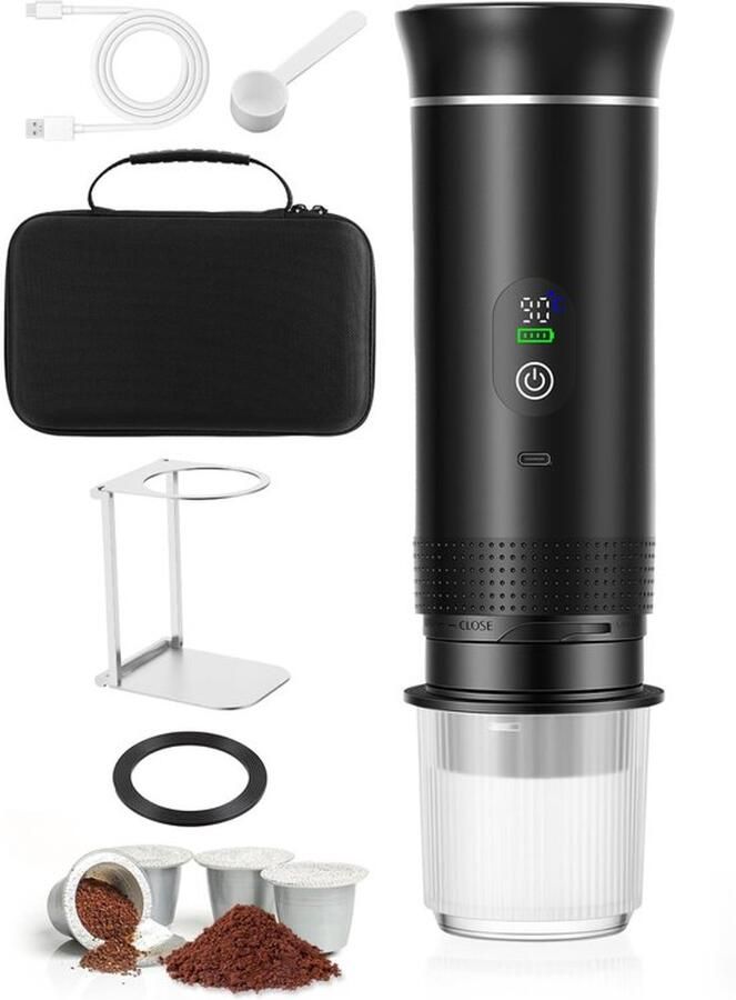 Draagbare Koffiemachine 3-in-1 met Temperatuurdisplay Snel Verwarmen 80ml 20 Bar Druk Geschikt voor Cups & Gemalen Koffie 7500mAh USB-C Ideaal voor Reizen & Kantoor (Zwart stand en tas)