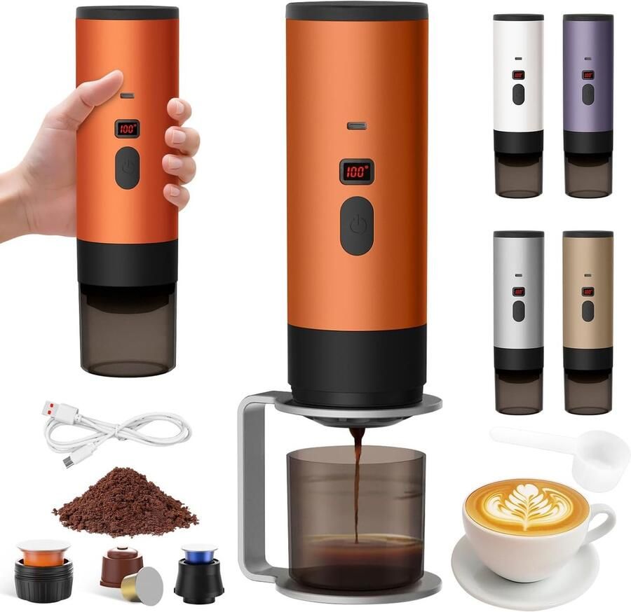 Draagbare koffiemachine met standaard 2025 nieuwe 3-in-1 draagbare koffiemachine smart display koffiemachine oplaadbare elektrische koffiemachine compatibel met cups en koffiepoeder (oranje-1)