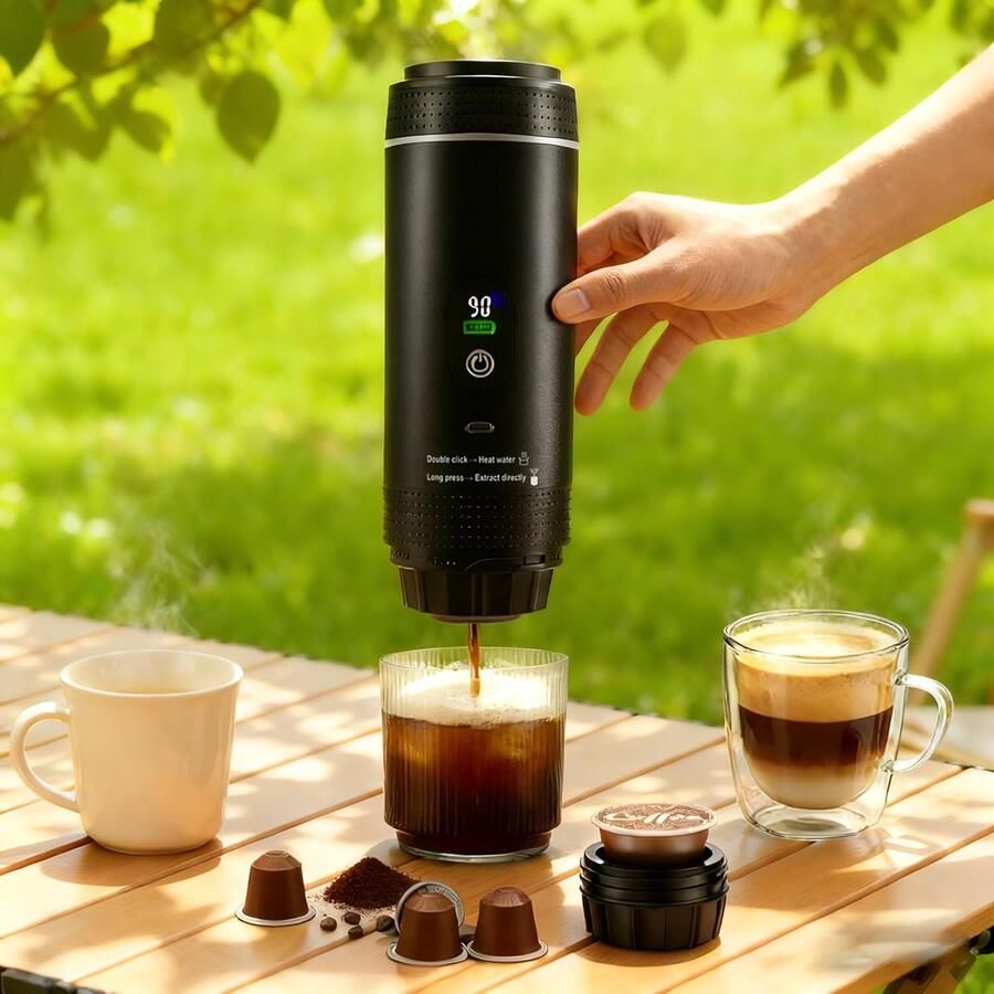 Draagbare Koffiemachine Mini Koffiezetter Onderweg Koffie Maken 3-in-1 Elektrisch Zelfverwarmend 25x8.3x8.3 cm Zwart