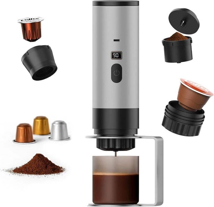 Draagbare Koffiemaker Elektrische Espresso Koffie Onderweg Zelfverwarmend Systeem 80ml Tank Zilver