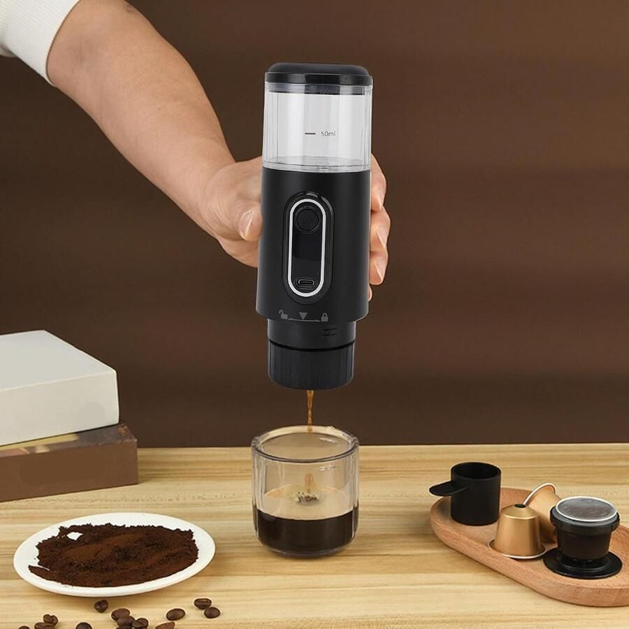 Draagbare Koffiemaker Espresso Apparaat Reizen en Kamperen Draadloos Zelfverwarmend 28 cm Zwart