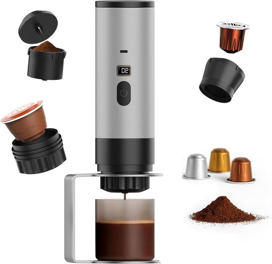 Draagbare Koffiemaker Espressomachine Koffie Onderweg Zelfverwarmend 80ml Tank Zilver