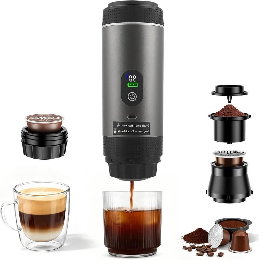 Draagbare Koffiezetter Mini Espresso Machine Koffie Maken Onderweg 3-in-1 Koffie Compatibiliteit 7500 mAh Batterij Grijs