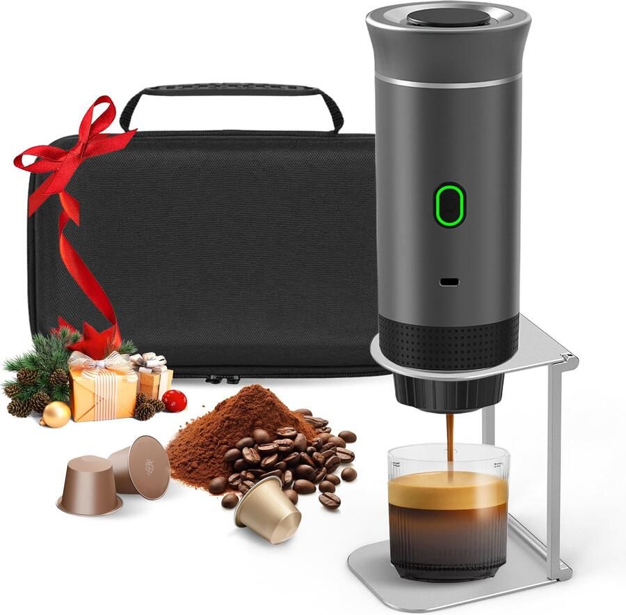 Draagbare koffiezetapparaat 3-in-1 espressomachine met houder en tas oplaadbare batterij 7500 mAh compatibel met capsules en gemalen koffie voor reizen camping auto kantoor (grijs)