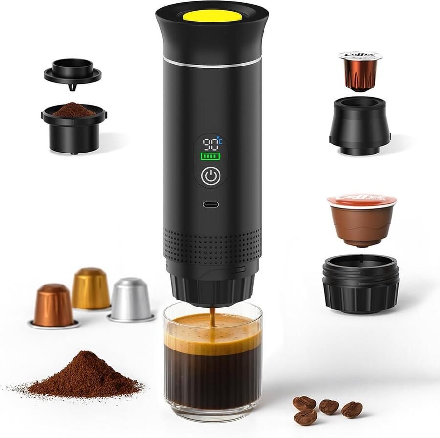 Draagbare Koffiezetapparaat -Elektrische Espressomachine met Anti-Slip Basis Zelfverwarmend & USB-C – Geschikt voor Gemalen Koffie & Capsules voor Reizen Camping Auto en Kantoor