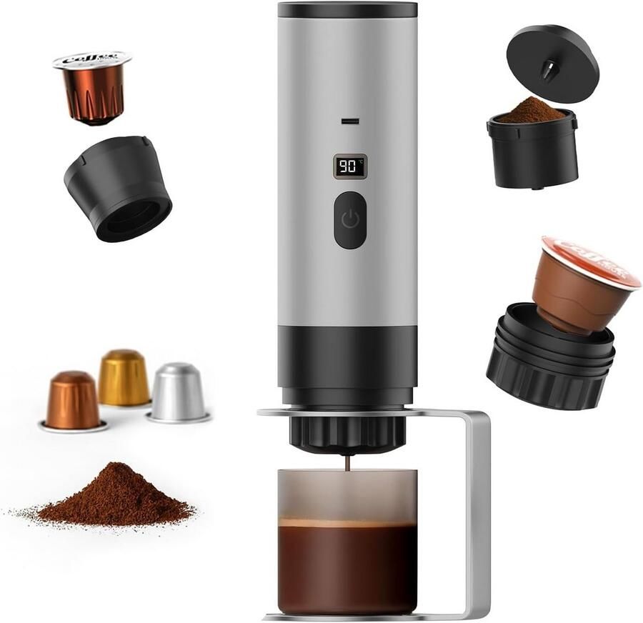 Draagbare Koffiemaker Espresso Machine Koffie Onderweg Zelfverwarmend & USB-C 80ml Tank Zilver