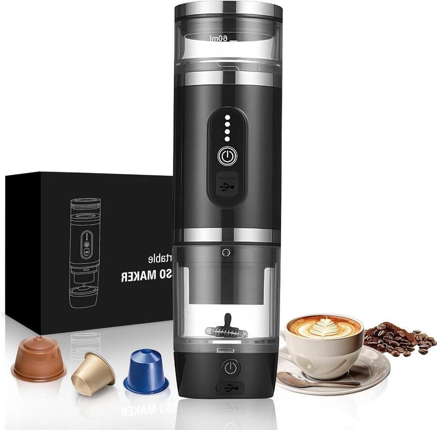 Draagbare Koffiezetter Espresso Machine Reis Koffie Maken Onderweg Met Melkopschuimer 60 ml Zwart