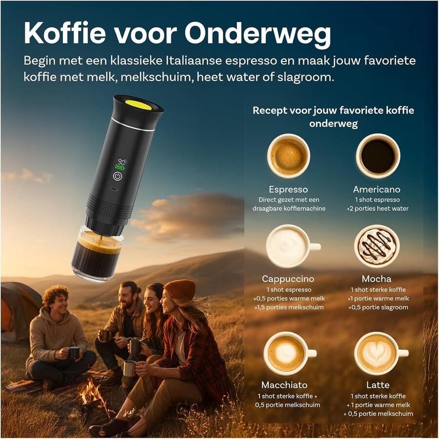 Draagbare Koffiezetter Reis Espresso Apparaat Koffie Onderweg Zelfverwarmend 80 ml Zwart