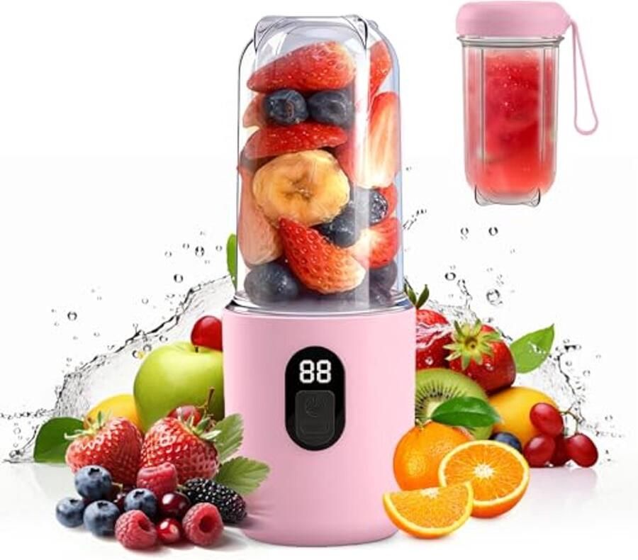Draagbare Mini Blender 500ml met Digitaal Display 16 Messen USB Oplaadbaar Dual Mode Roze