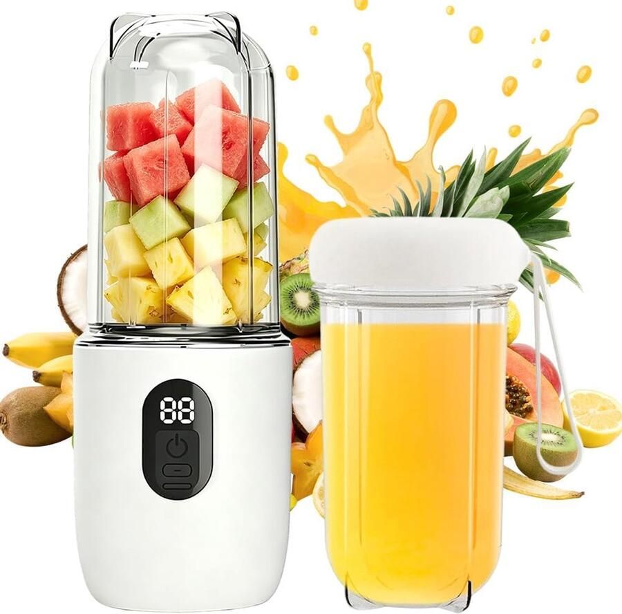 Draagbare Mini Blender 500ml met Digitaal Display USB Oplaadbaar 16 Messen Inclusief 2 Bekers Wit
