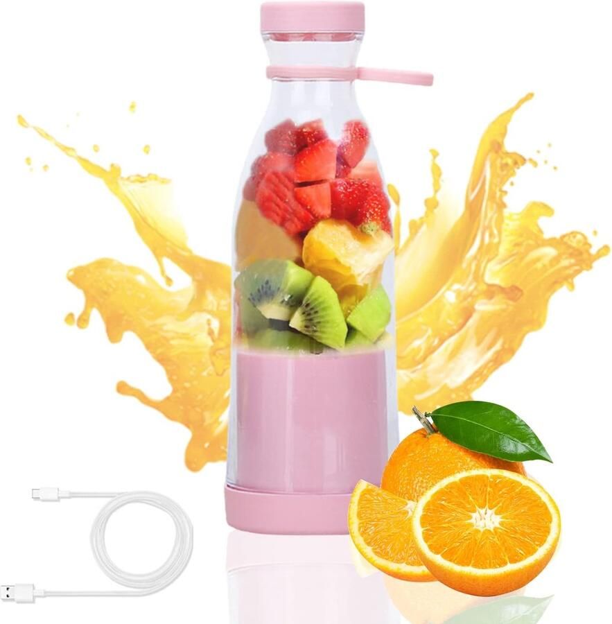 Draagbare mini-blenderbeker 380 ml elektrische blenderbeker voor vers sap met USB-oplaadbare mini-blender geschikt voor het maken van smoothies sappen en ijs perfect voor op reis en tijdens het sporten Roze