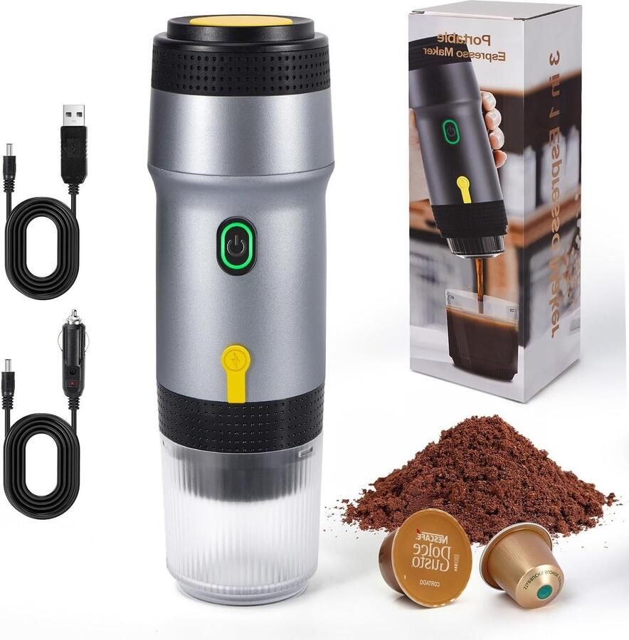 Draagbare Mini Koffiemaker voor Espresso Geschikt voor Capsules en Koffiepoeder Ideaal voor Auto en Buitenactiviteiten Snelle Verwarming Zilver
