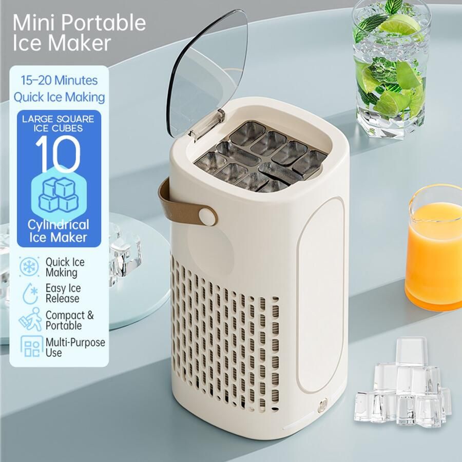 Draagbare mini-ijsmachine voor op tafel Mini-ijsmaker Snel ijs maken Compact en klein Met leren handvat IJsblokjesmachine Geschikt voor thuis kantoor kamperen camper feestjes en drankjes Crème wit