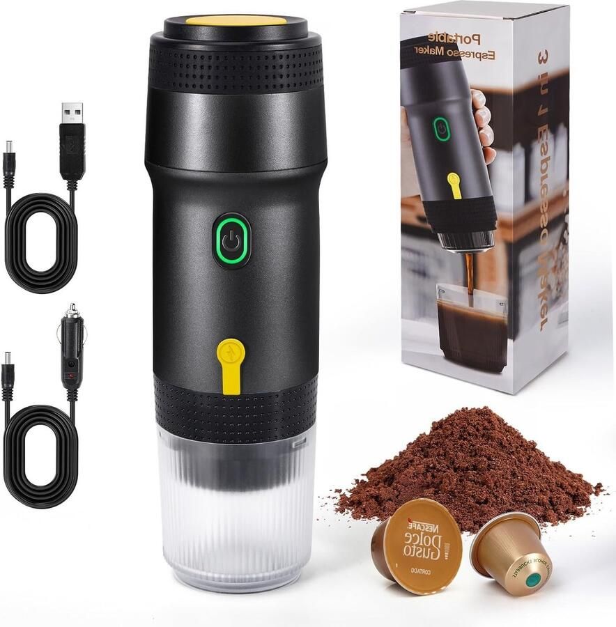 Draagbare Mini Koffiemaker voor Espresso Geschikt voor Capsules en Koffiepoeder Ideaal voor Auto en Buitenactiviteiten Snelle Verwarming Zwart