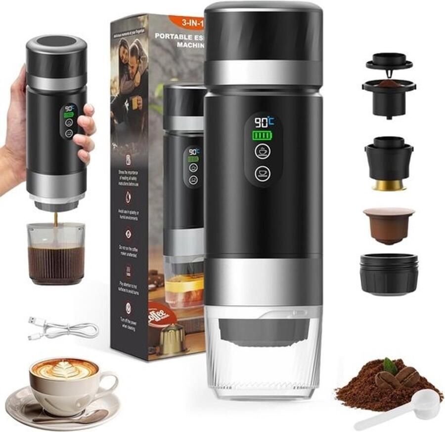 Draagbare Mini Koffiezetapparaat op Batterij voor Auto en Camping 90 ml 3-in-1 Espresso