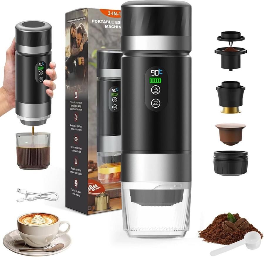 Draagbare Mini Koffiezetapparaat op Batterij voor Auto en Camping 90 ml 3-in-1 Espresso