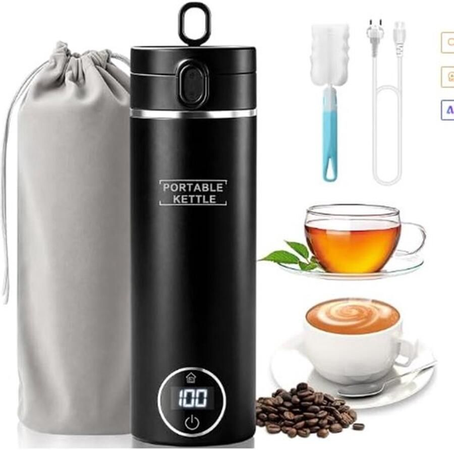 Draagbare mini-waterkoker 500 ml draagbare reiswaterkoker snelle opwarmbeker met 6 temperaturen automatische uitschakeling van roestvrij staal 304 voor thee melk koffie (zwart)
