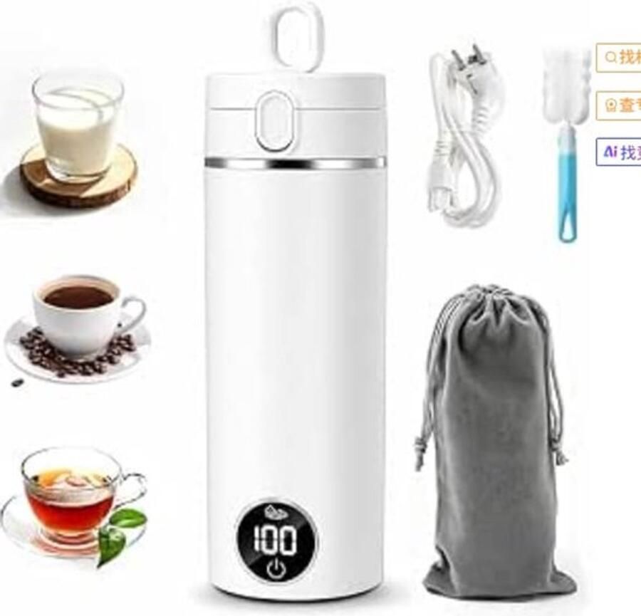 Draagbare mini-waterkoker 500 ml draagbare reiswaterkoker snelle opwarmbeker met 6 temperaturen automatische uitschakeling van roestvrij staal 304 voor thee melk koffie (wit)