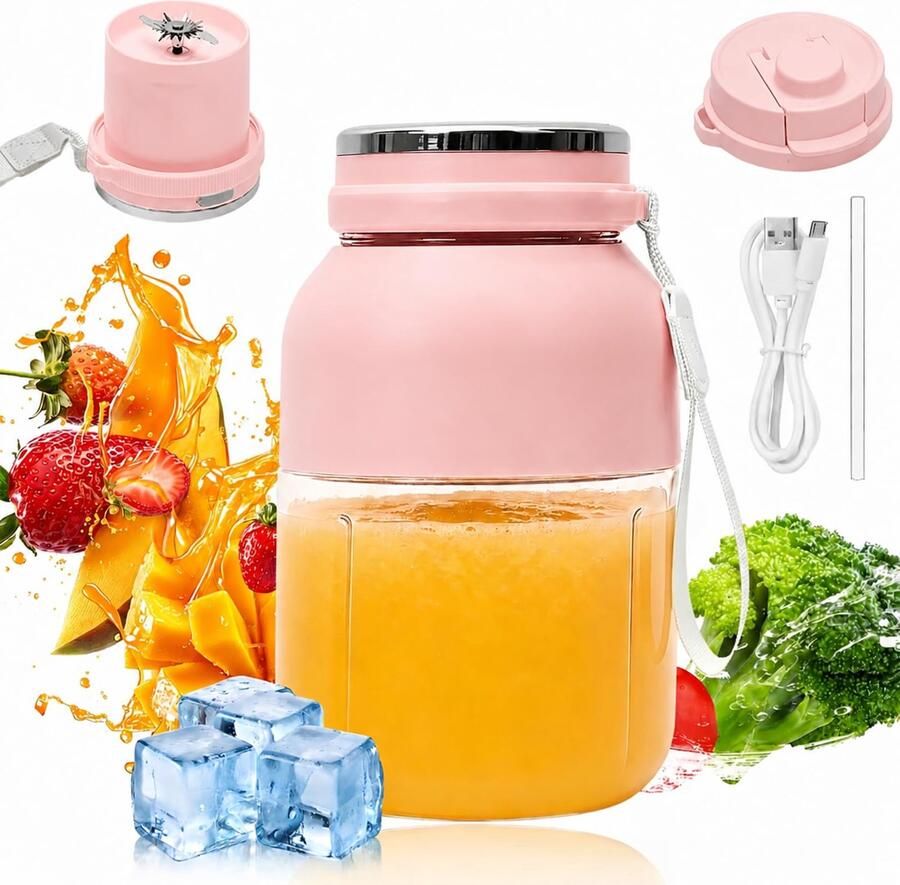 Draagbare mixer 1200 ml Fresh Juice mixerfles smoothie maker to go blender fles met lekvrij deksel draadloos oplaadbaar voor kantoor fitness en reizen (roze)