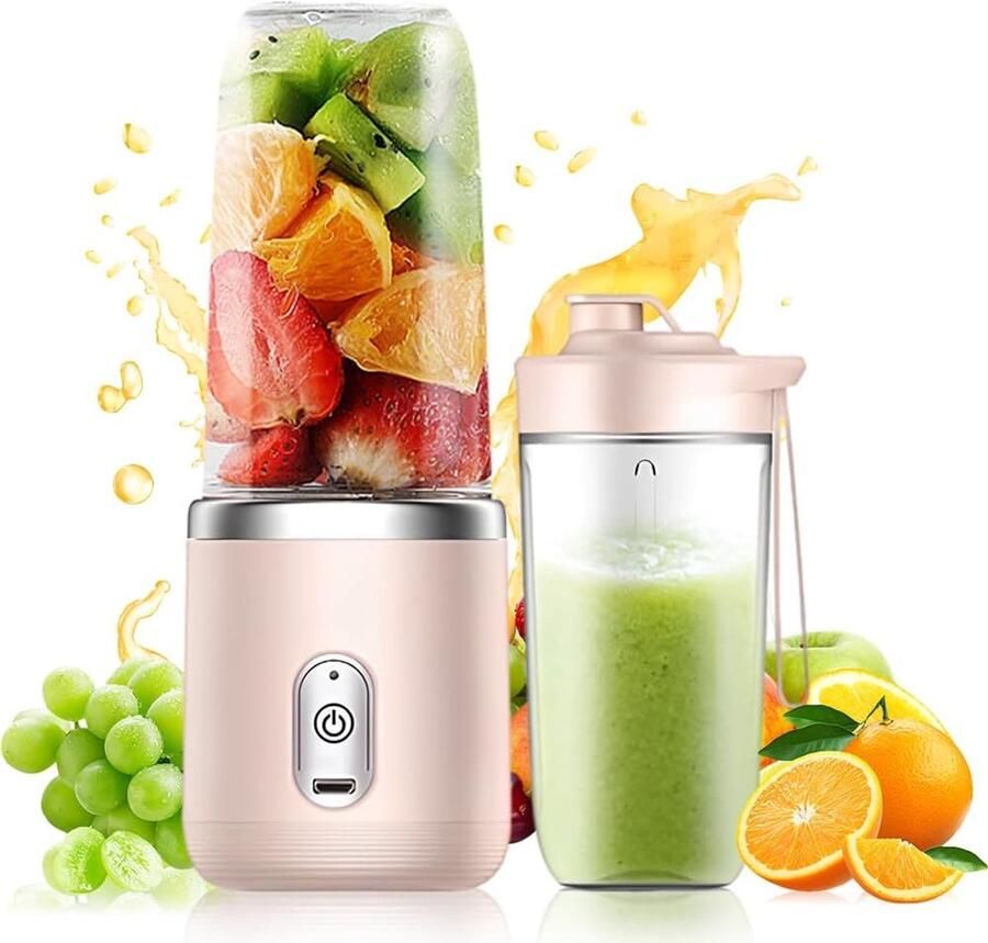Draagbare Mixer 400 ml met extra beker USB-oplaadbaar kleine draagbare blender met 6 messen mini mixer voor milkshakes sap smoothies (roze)