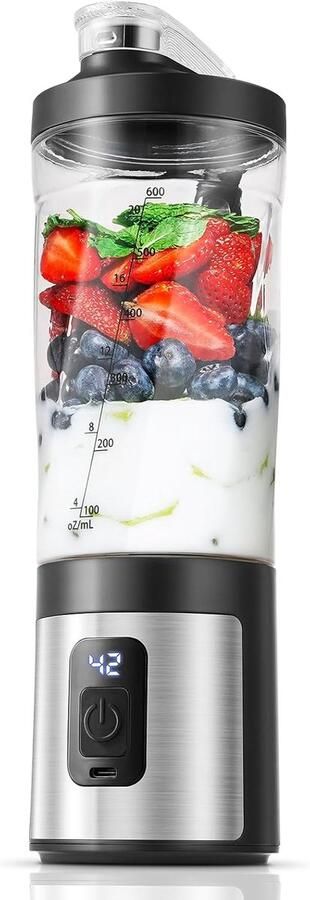 Draagbare mixer 600 ml smoothie maker met 6 messen 120 W motor mixer to go snel opladen via USB-C IPX6 waterdicht BPA-vrij mini-mixer voor shakes smoothies proteïnepoeder