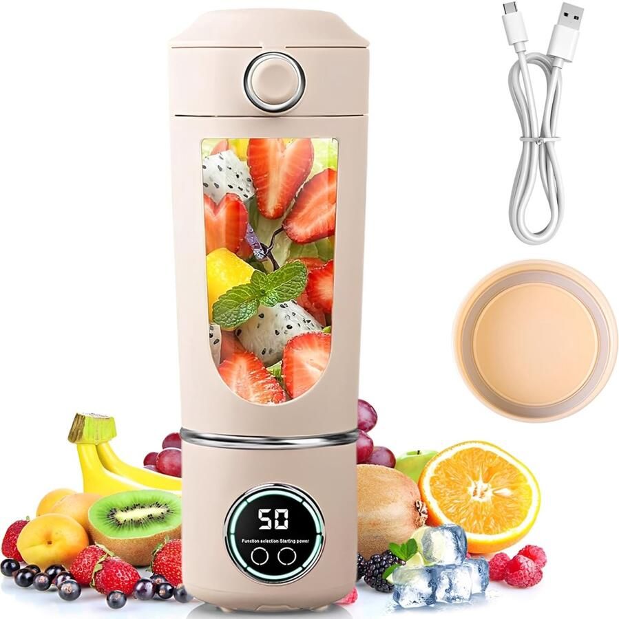 Draagbare mixer 700 ml blender smoothie mini-blender met 12 roestvrijstalen messen en digitaal display oplaadbare shakes en smoothie-maker kleiner voor reizen keuken kantoor fitness (beige)