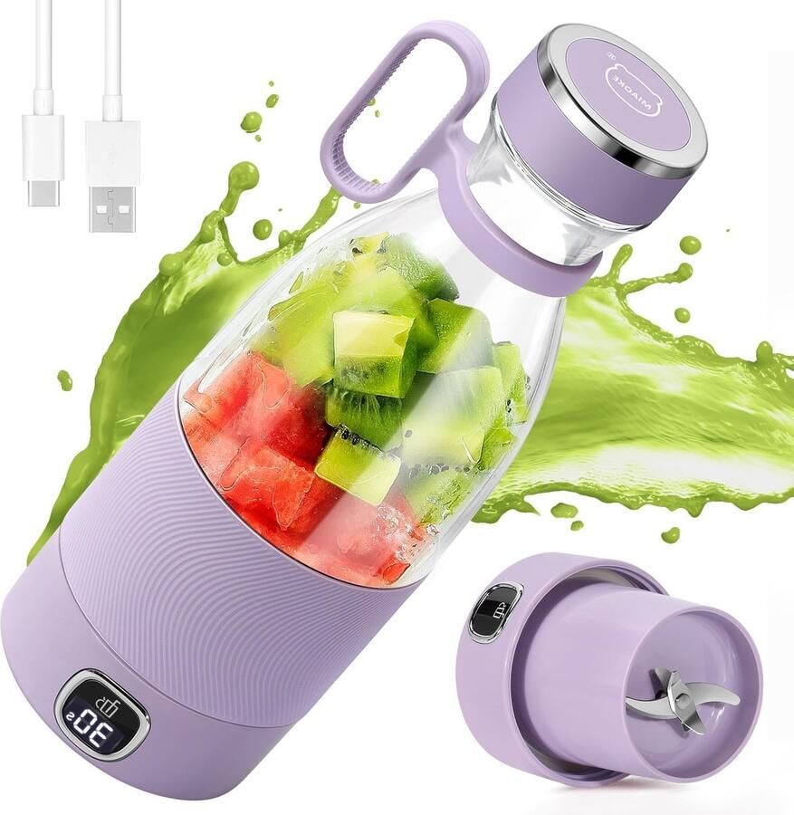 Draagbare Mixer met 6 Bladen voor Sap Shakes en Smoothies 350ml Mini Mixer met USB Oplaadbare Batterij en LED Display voor Thuis en Sportgebruik