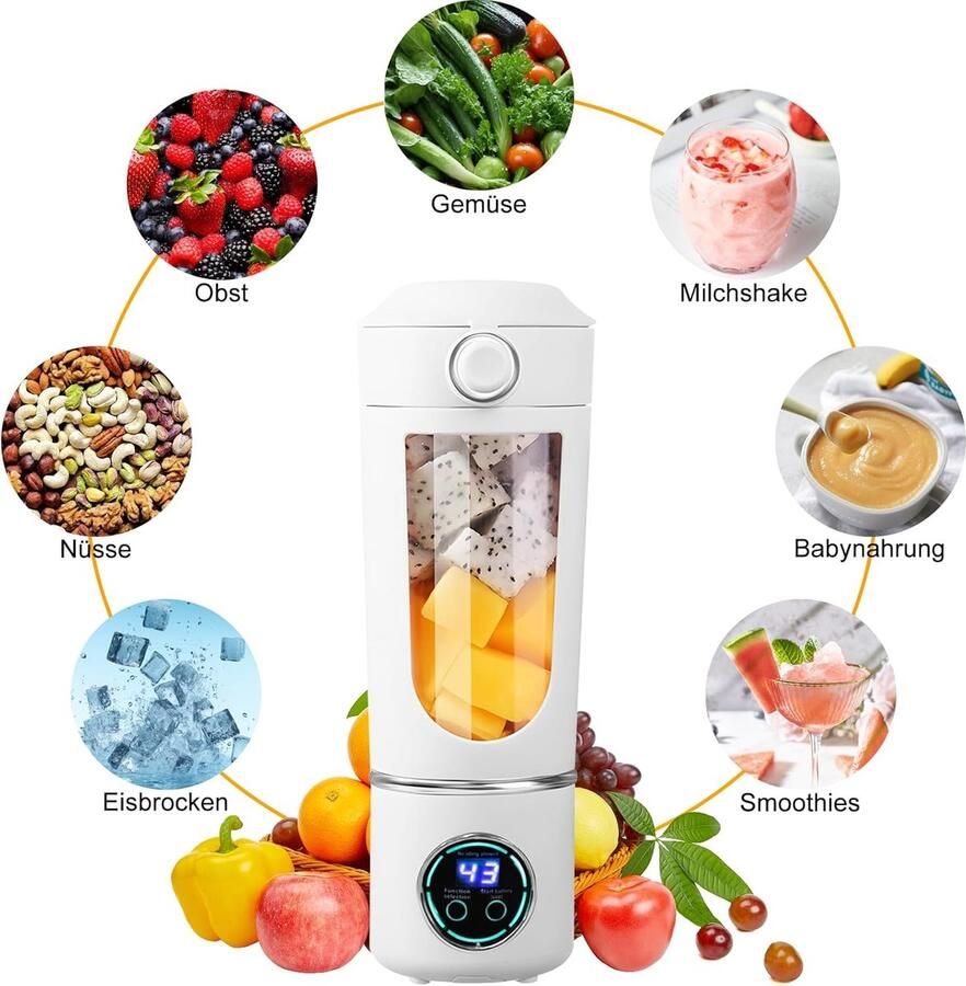 Draagbare mixer mini-blender kleine sapcentrifuge smoothie-maker met siliconen rietje 12 roestvrijstalen messen en digitaal display oplaadbare type C shake-mixer met 700 ml inhoud wit