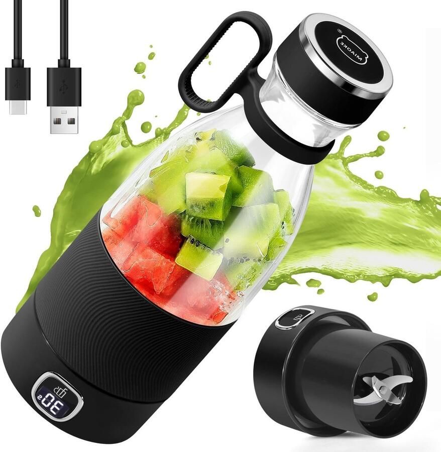 Draagbare Mixer Mini Blender Sap & Smoothies Maken 6 RVS Messen 350 ml Zwart