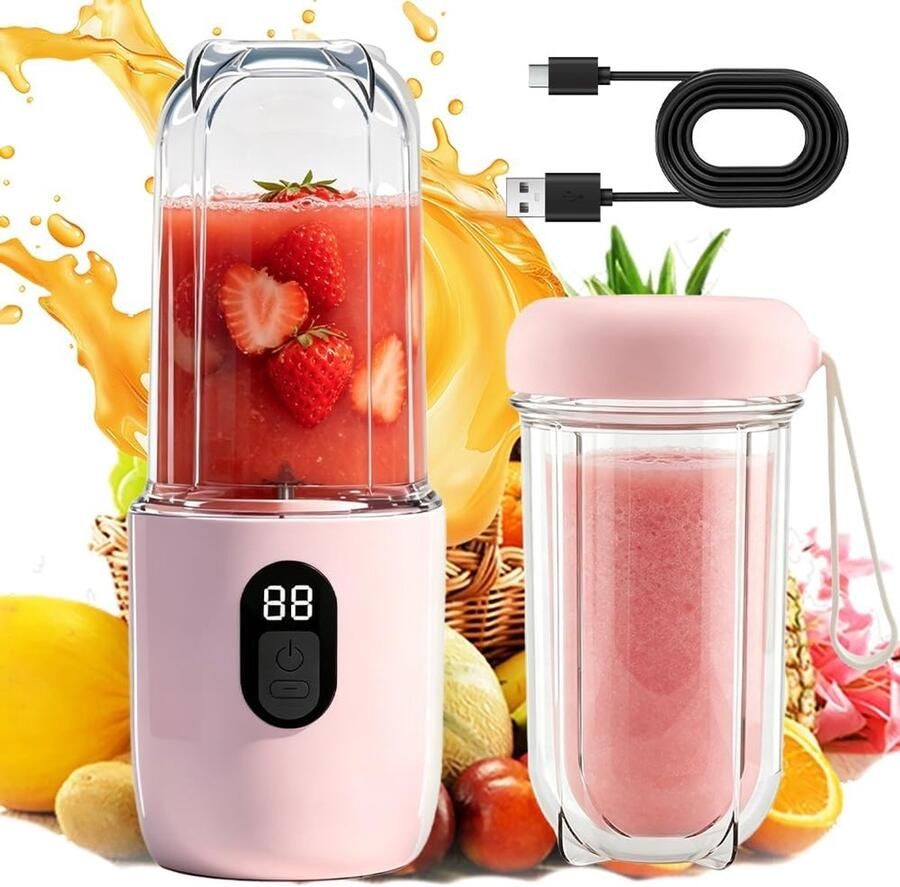 Draagbare Blender 500ml voor Smoothies en Milkshakes met Vervangbare Bekers USB Oplaadbare Mixmachine met 16 Messen voor Sappen en Gezonde Dranken