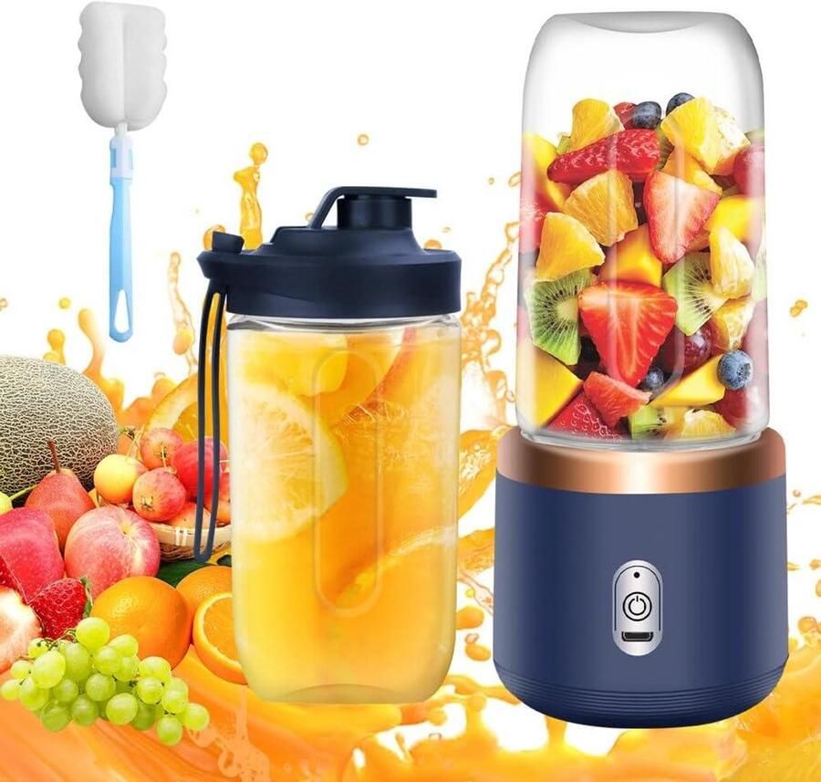 Draagbare Mixer Smoothie Maker Onderweg Mixen 6 RVS Messen 400 ML Blauw