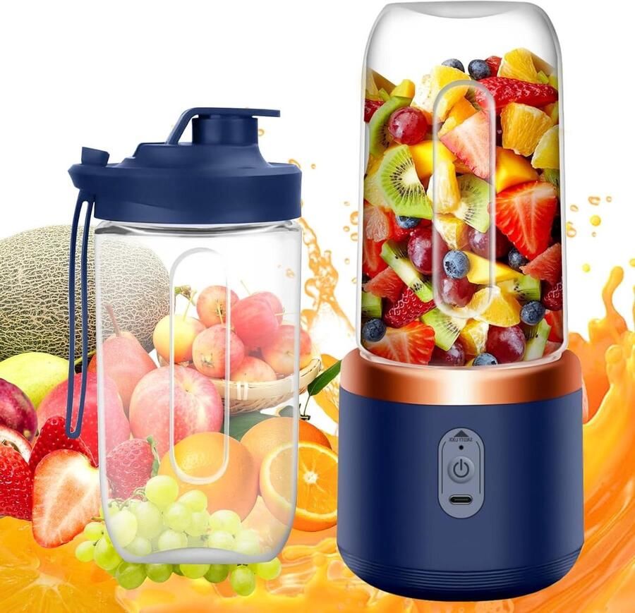 Draagbare Mixer Smoothie Maker Sap Maken 6 Roestvrijstalen Bladen 400ml Capaciteit Blauw