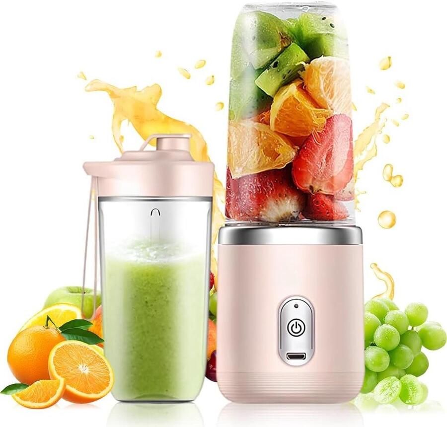 Draagbare mixer Smoothie maker Verse sappen maken Zes roestvrijstalen messen 400 ml capaciteit Roze
