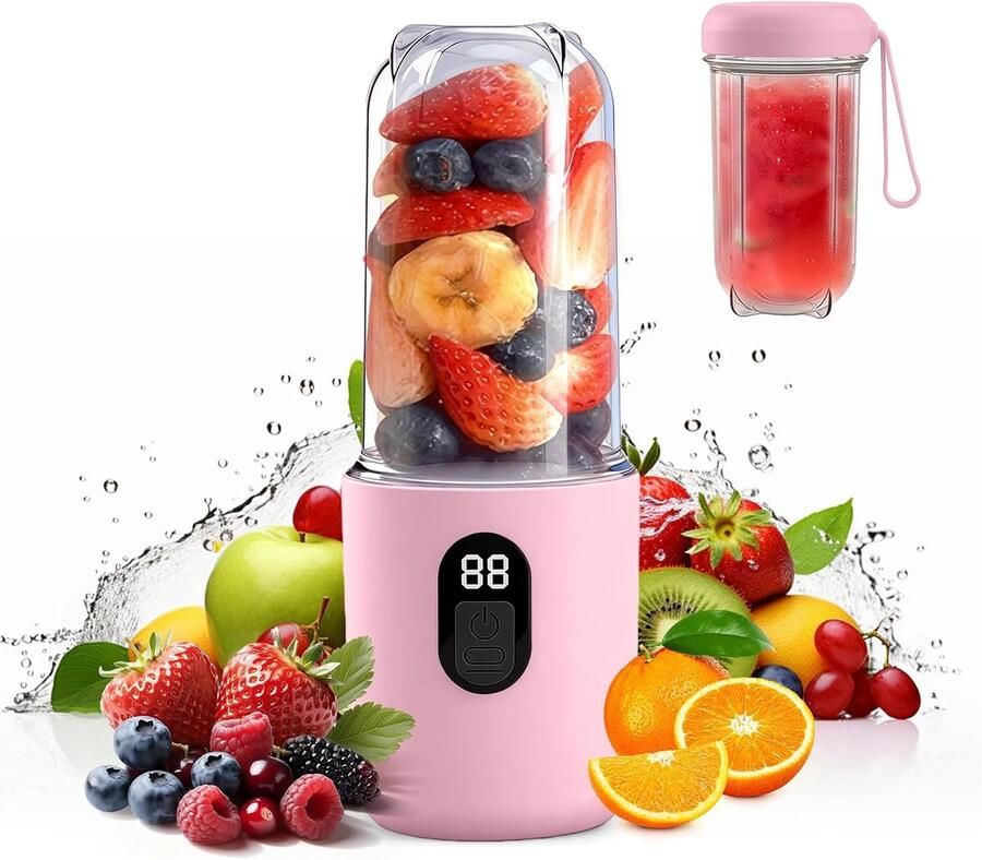 Draagbare mixer smoothiemaker om mee te nemen met digitaal display 16 vellen elektrische USB-sapcentrifuge mini-mixer voor shakes en smoothies voor keuken reizen sportschool roze 500 ml