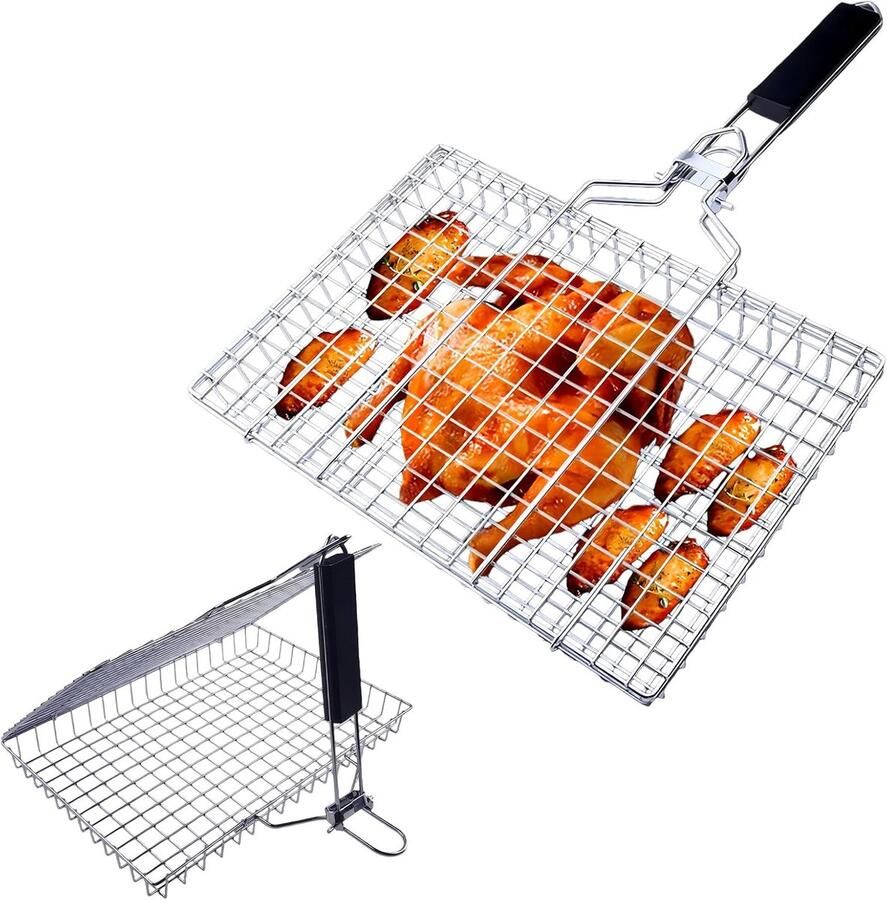 Draagbare opvouwbare roestvrijstalen barbecuegrillmand voor het roosteren van vis groenten garnalen en steak met houten handvat perfect voor kamperen en buiten koken