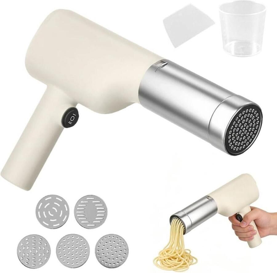 Draagbare Pastamachine Oplaadbare Deegmaker Zelfgemaakte Pasta 5 Vormen Inbegrepen 200g Capaciteit Wit