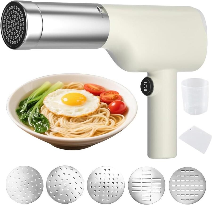 Draagbare pastamaker Elektrische snoerloze pastamachine voor in de hand Inclusief 5 pastavormen Ontworpen voor zelfgemaakte pasta en macaroni Ideaal voor op reis tijdens picknicks en voor thuisgebruik