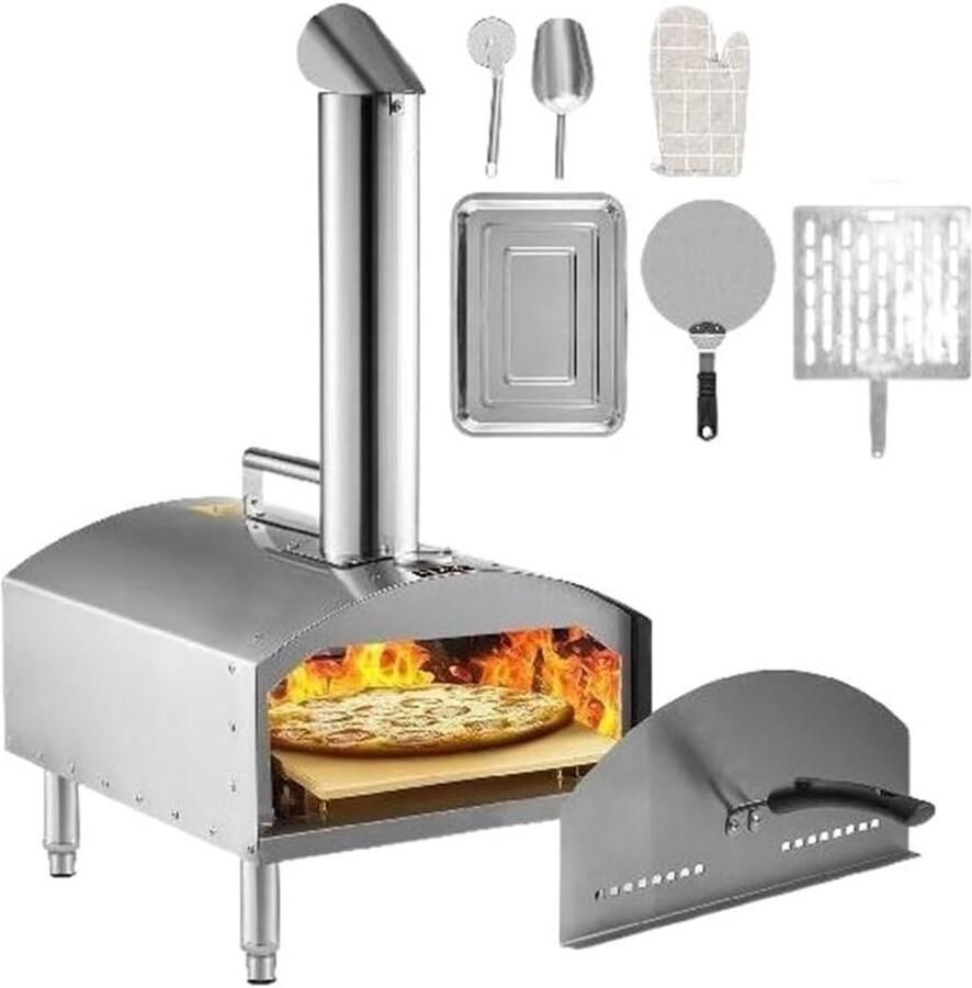 Draagbare Pizza Oven Houtgestookte Buitenoven Buiten Koken Efficiënte Gelijkmatige Verwarming 12 Inch Zilver