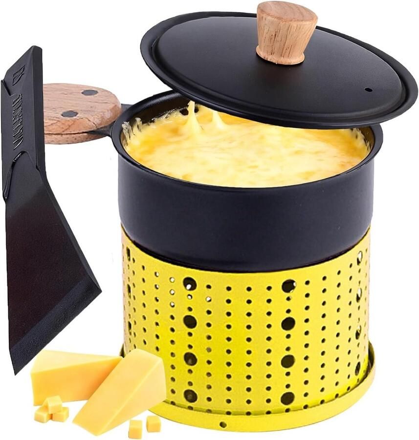 Draagbare Raclette Pan voor 2 Personen Multifunctionele Mini Tafelverwarmers voor Fondue en Chocolade Ideaal voor Thuis Kantoor en Kamperen 300ml met Houten Handvat
