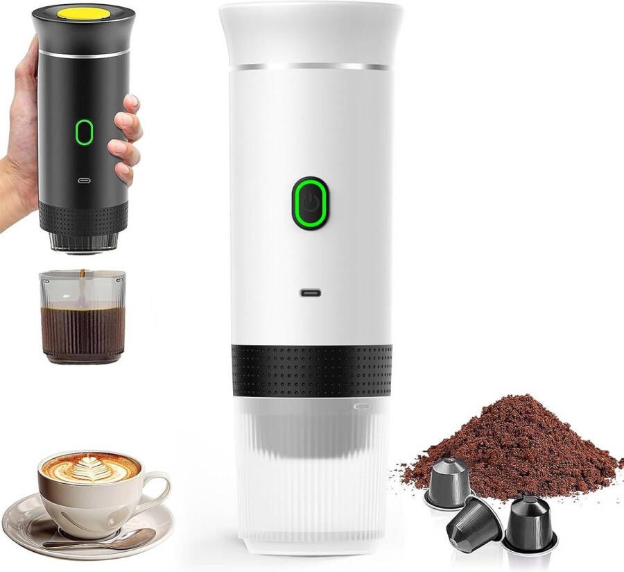 Draagbare elektrische espressomachine 3-in-1 capsule koffiepoedermaker compatibel met originele Nespresso-capsules andere capsules en gemalen koffie zelfverwarmende reis-koffiezetapparaat Wit